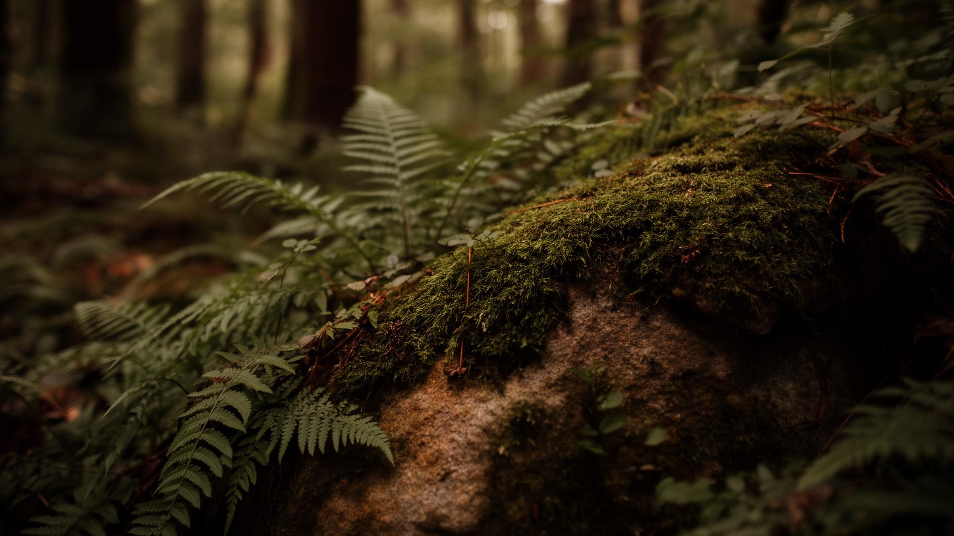 Moss and ferns on stone in a quiet forest